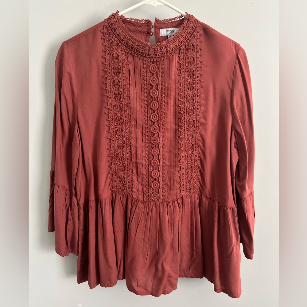 KENSIE JEANS WOMEN’S PEPLUM BELL SLEEVE EMBROIDERED TOP-TERRACOTTA-SIZE …Med